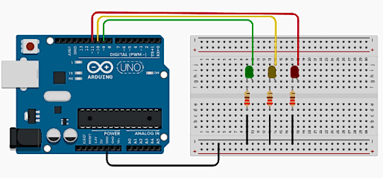 Схема светофора - проект со светодиодами на Ардуино