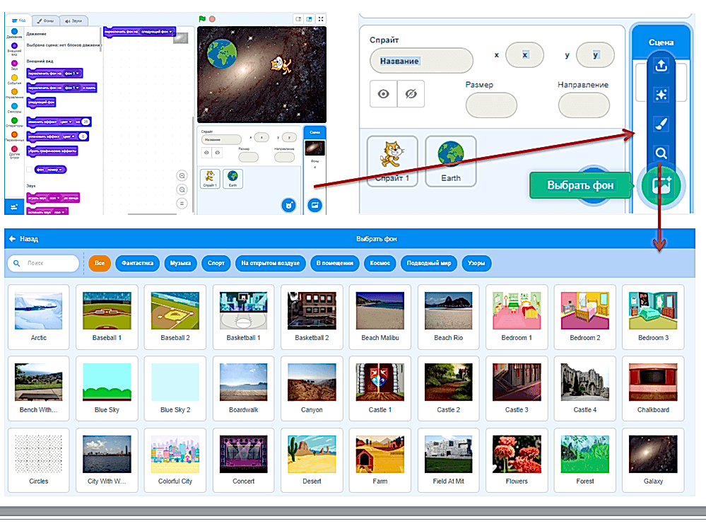 Библиотека спрайтов в Scratch Сцены программы в Scratch